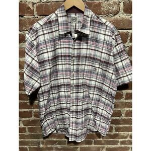 Cinch Shirt Mens XL Green Pink Plaid Short Sleeve Button Up Logo Pocket Casual